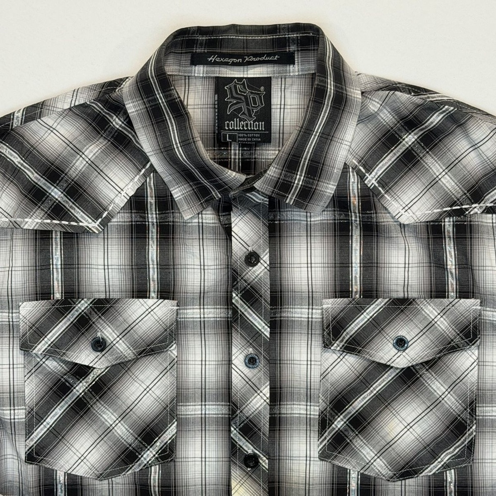 Vintage Y2K Southpole Black/Gray Button Up Plaid Shirt Mens L Hexagon Product